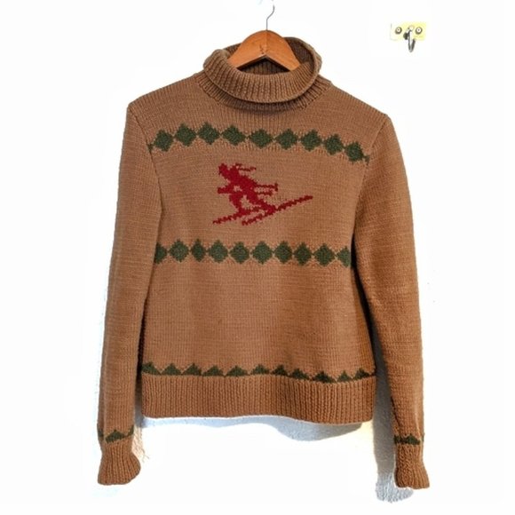Vintage Sweaters - Vintage Hand Knit Wool Intarsia Ski Sweater